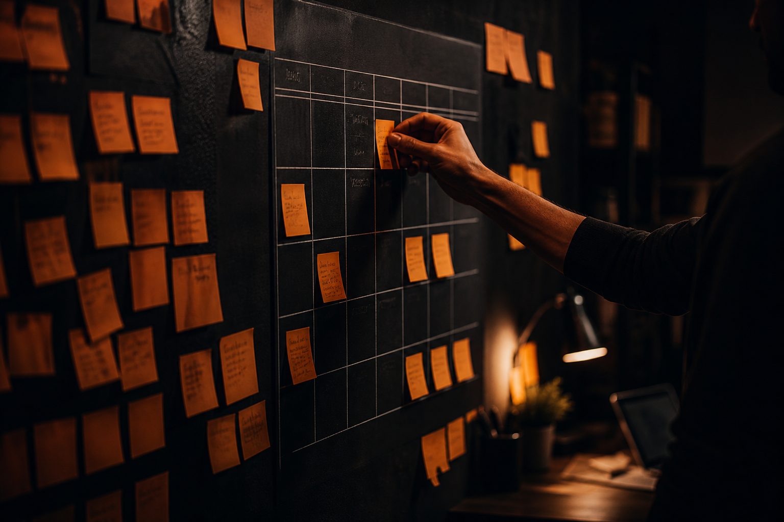 A hand placing an orange sticky note on a monthly planning board