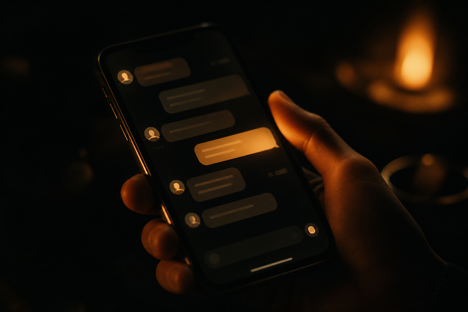 A phone showing a glowing group chat in a dark room