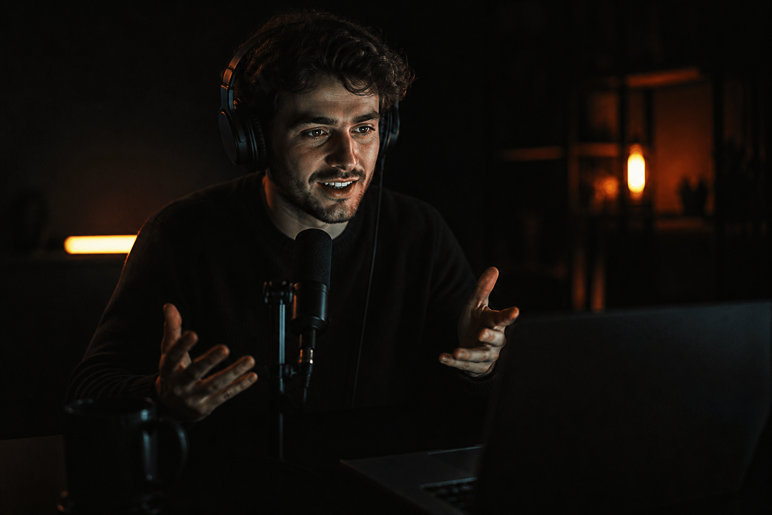 A creator on a live call wearing headphones at a microphone
