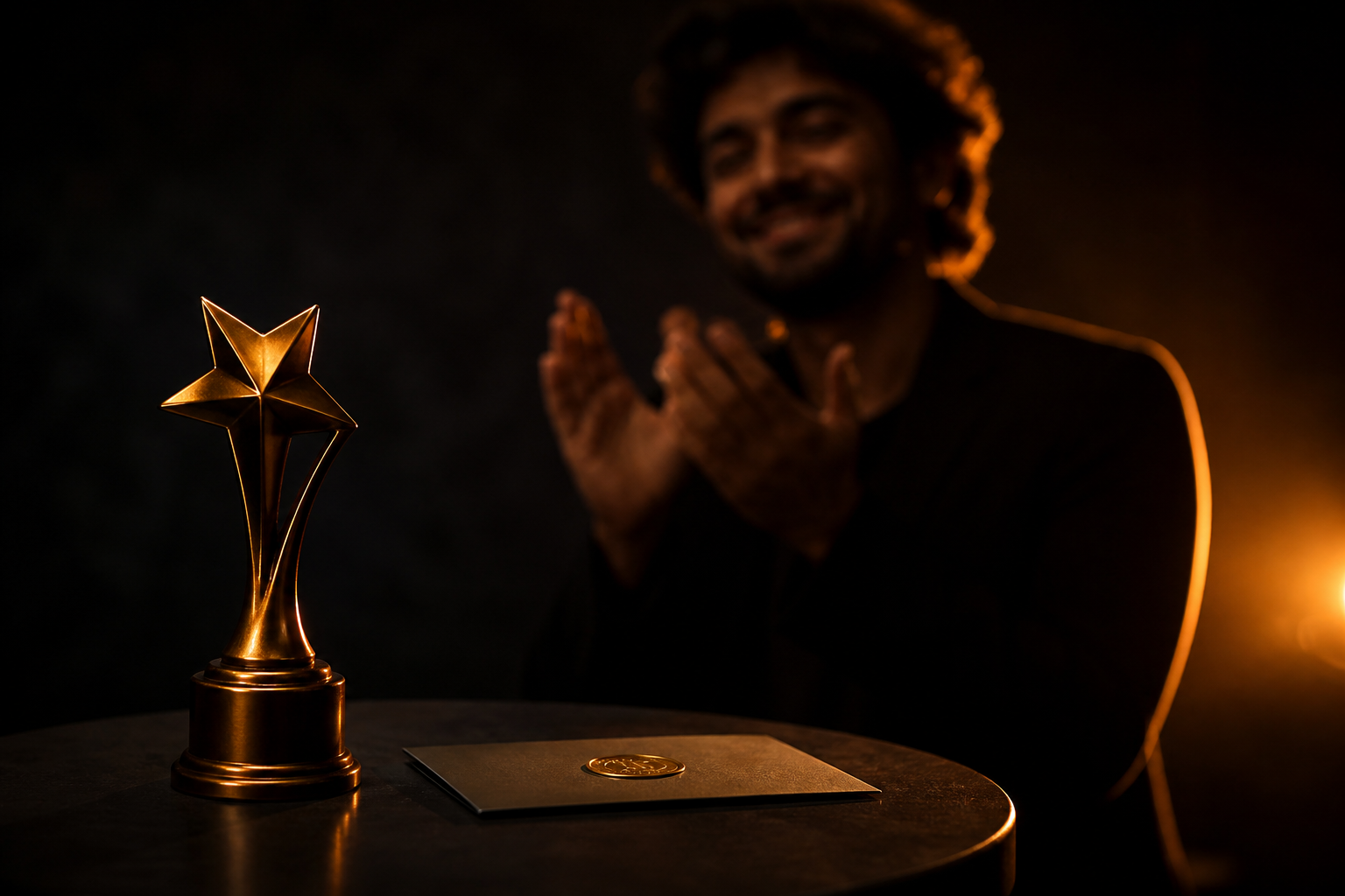 A gold star trophy on a table with a creator applauding behind it