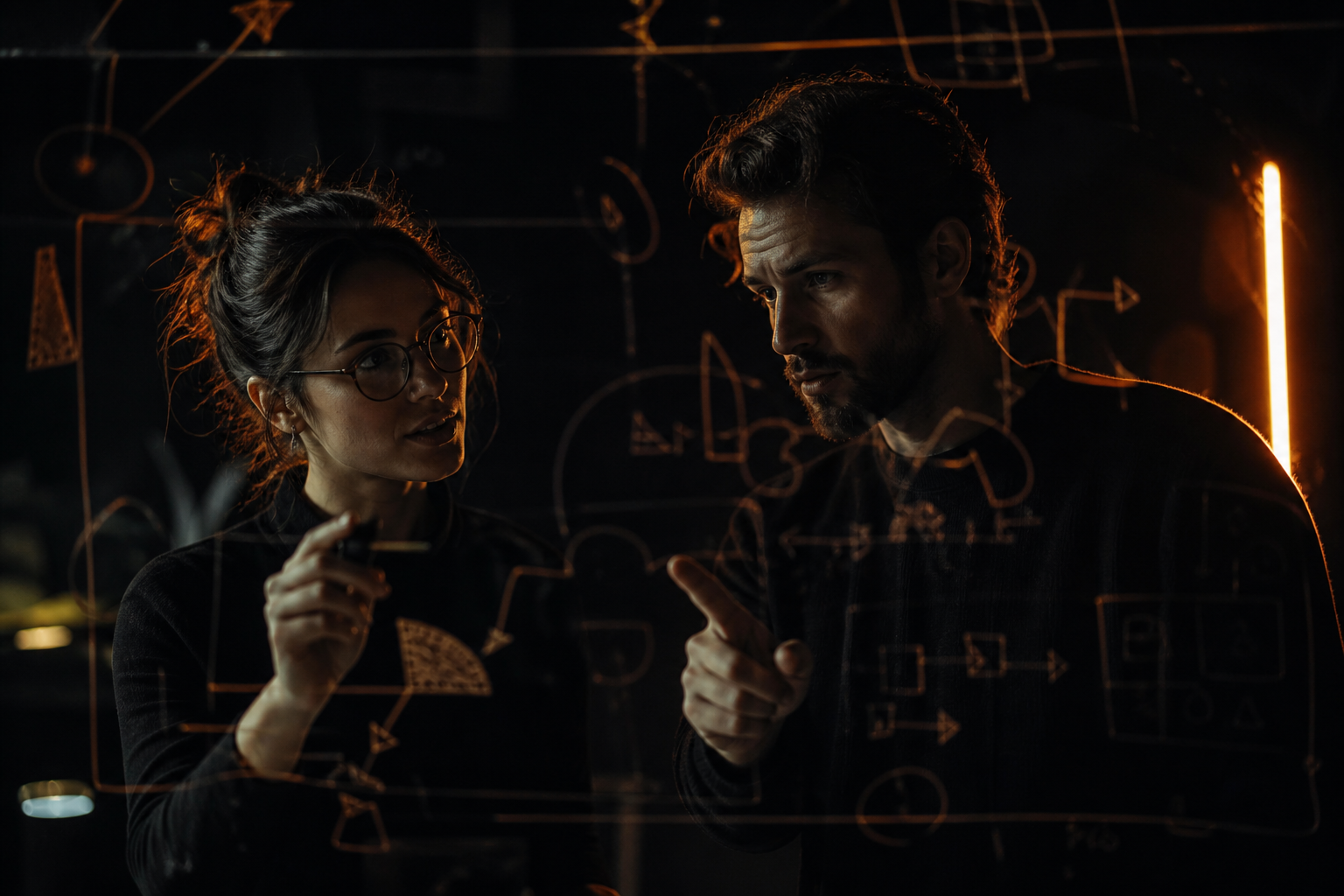 Two creators mapping content strategy on a glass whiteboard
