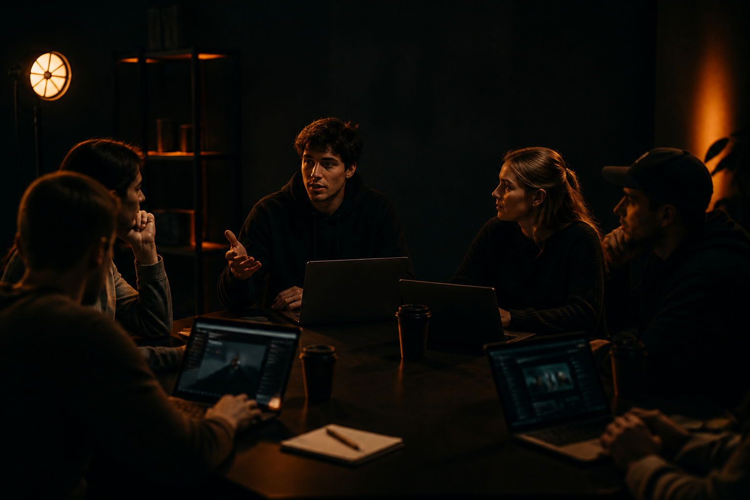 Creators in a training session around laptops in a dark studio