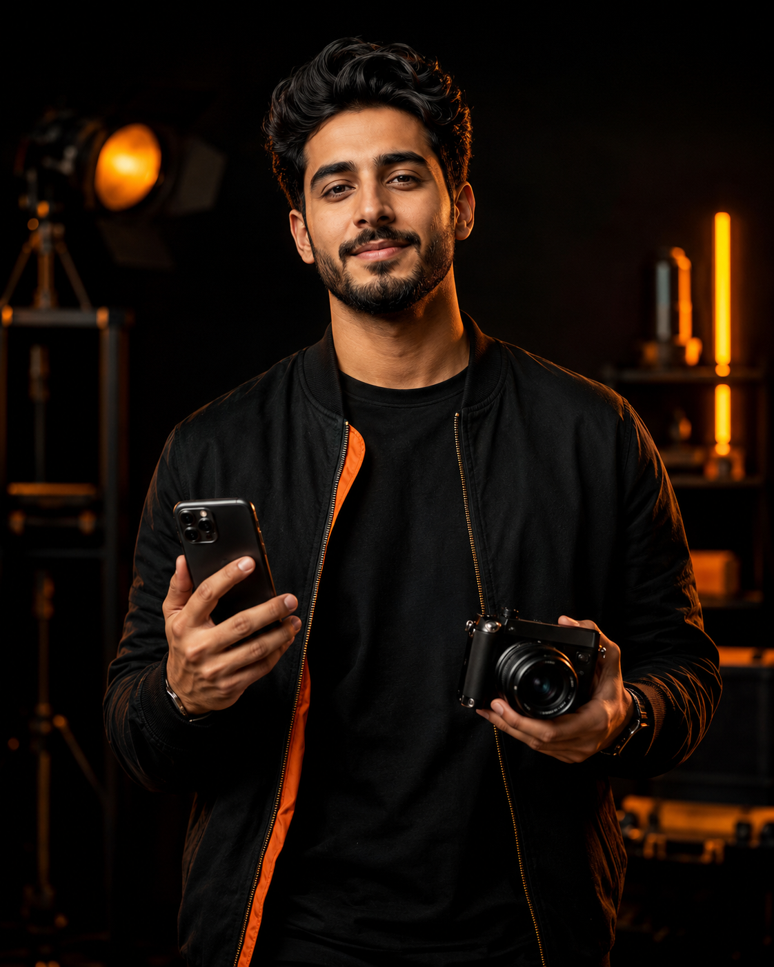 Fictional featured creator holding a phone and camera in the NPsquad studio