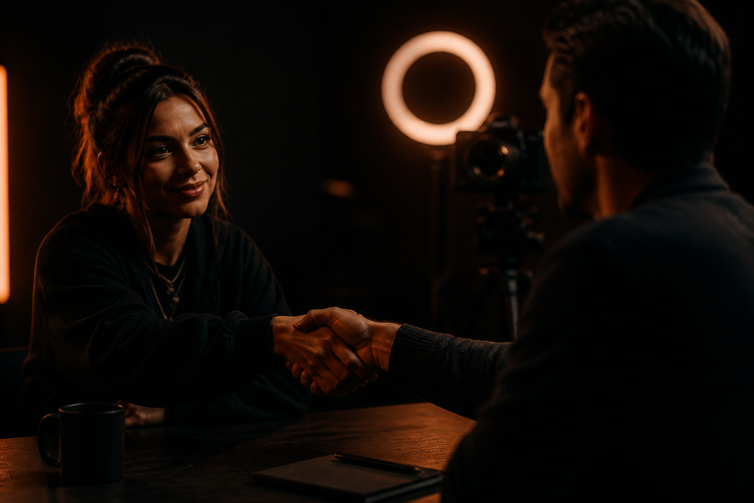 A creator and a brand partner shaking hands in a studio