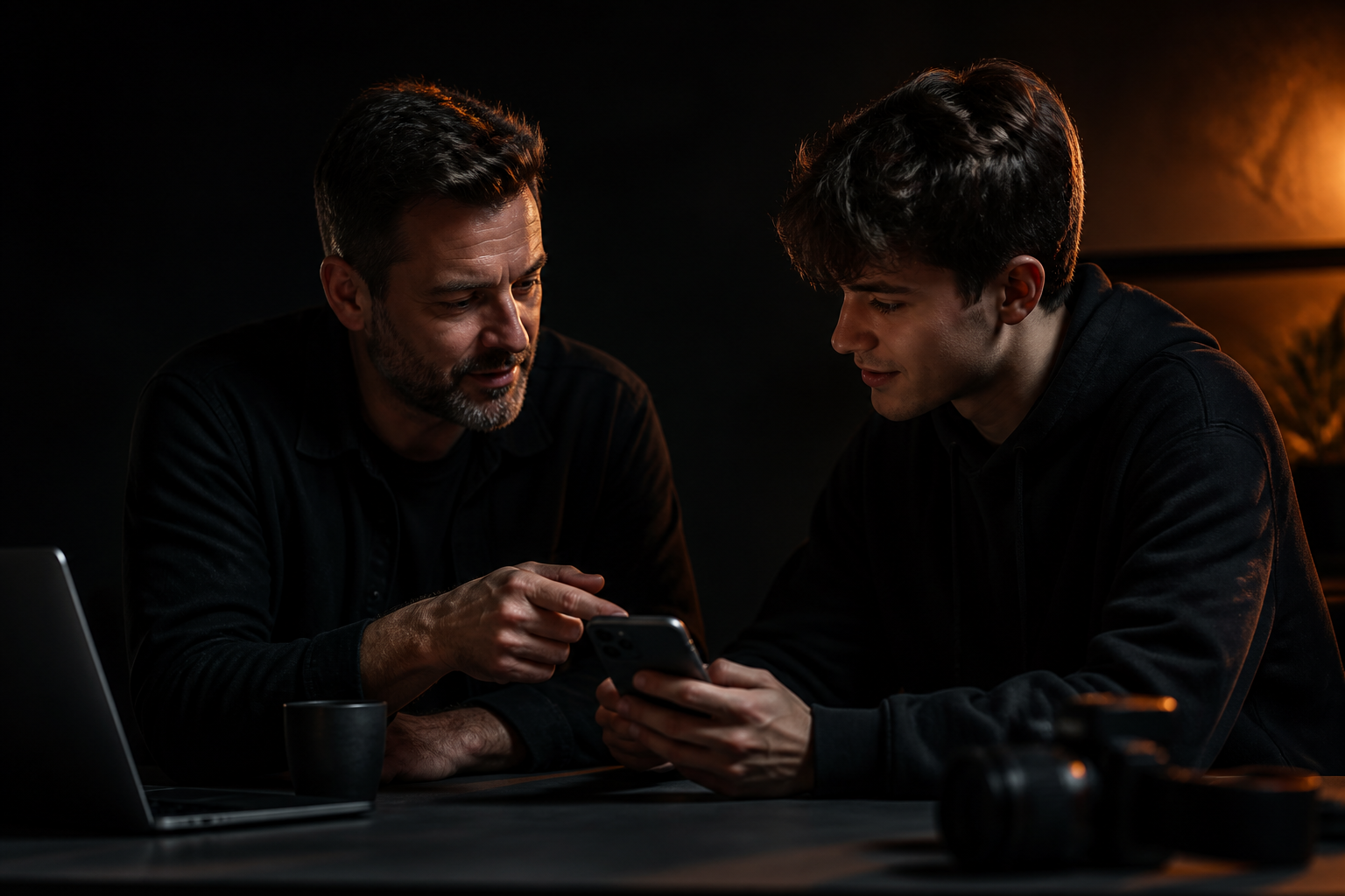 A coach and a creator reviewing content together on a phone