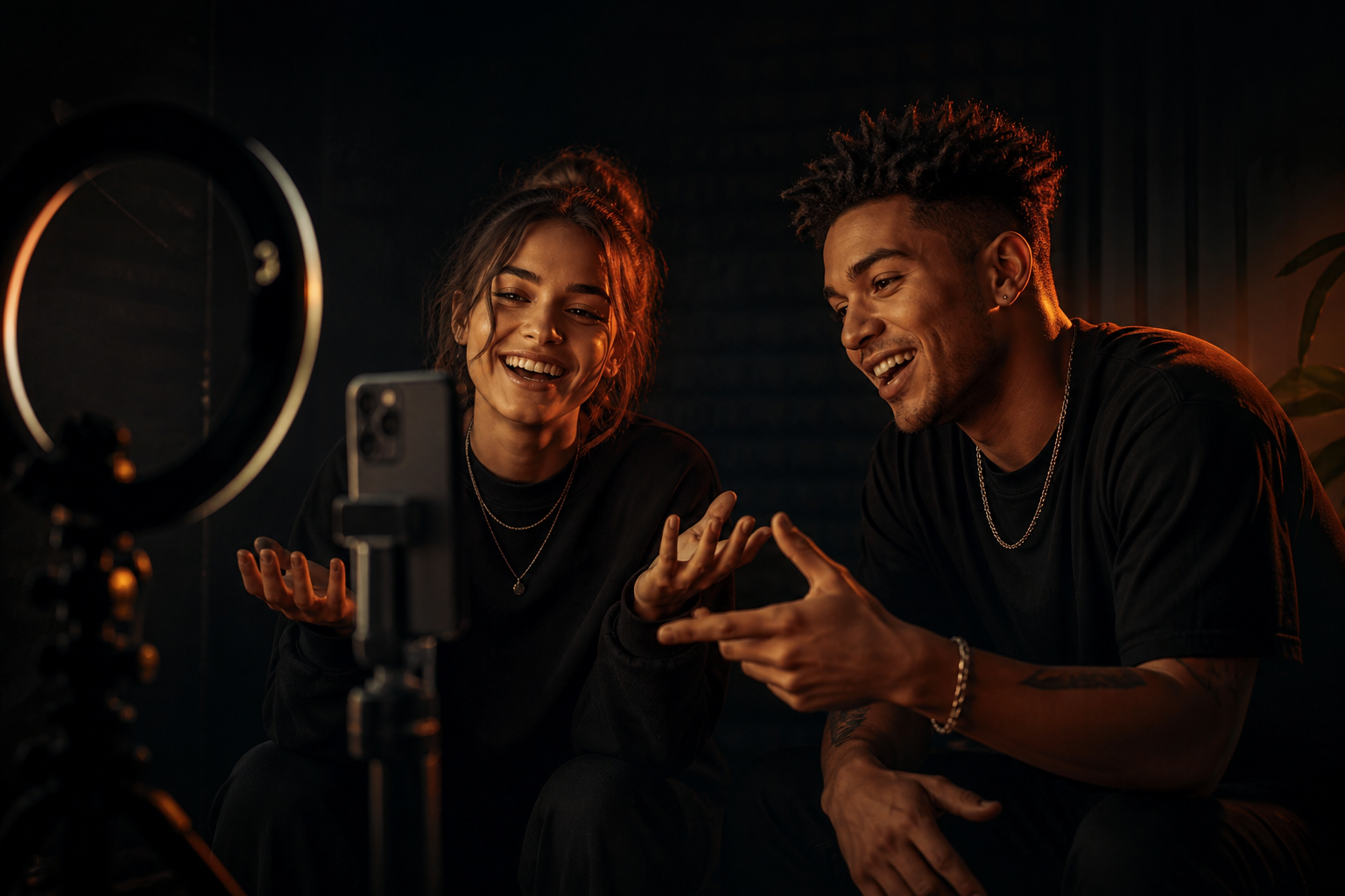 Two creators filming a video together with a ring light