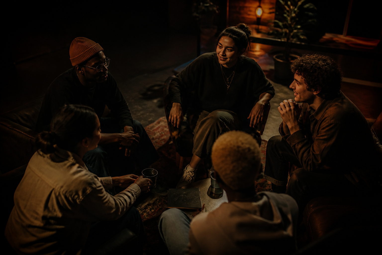 A group of creators talking together in a studio lounge