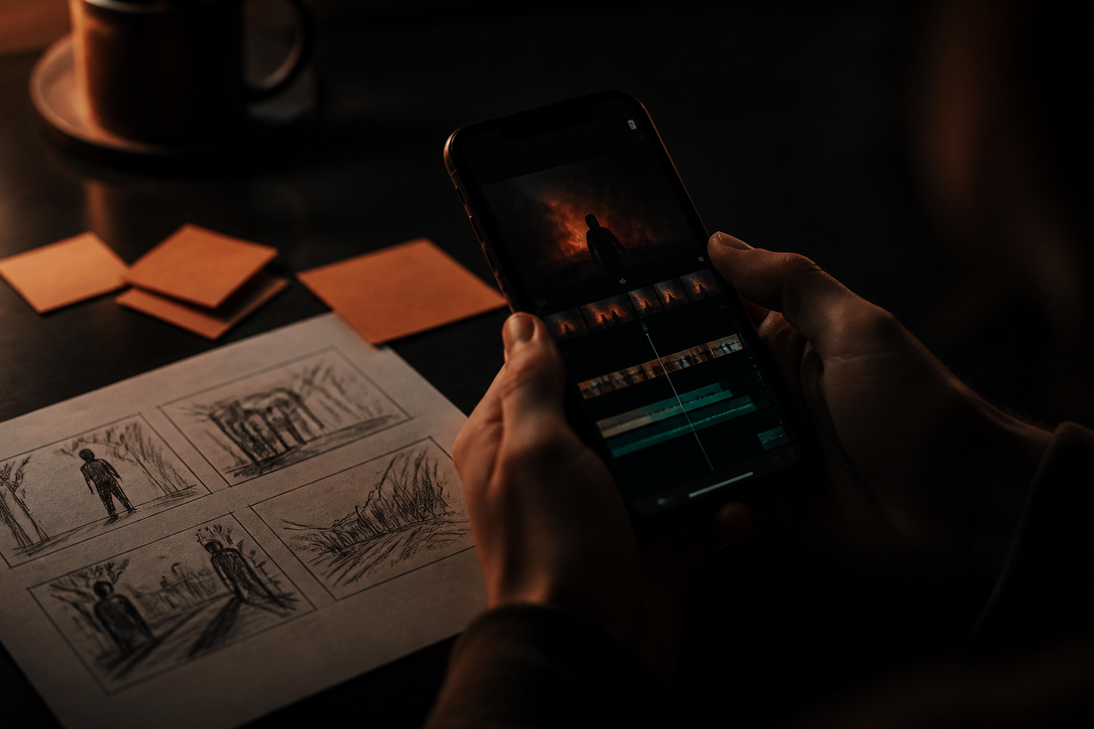 Hands editing a vertical video on a phone beside a storyboard