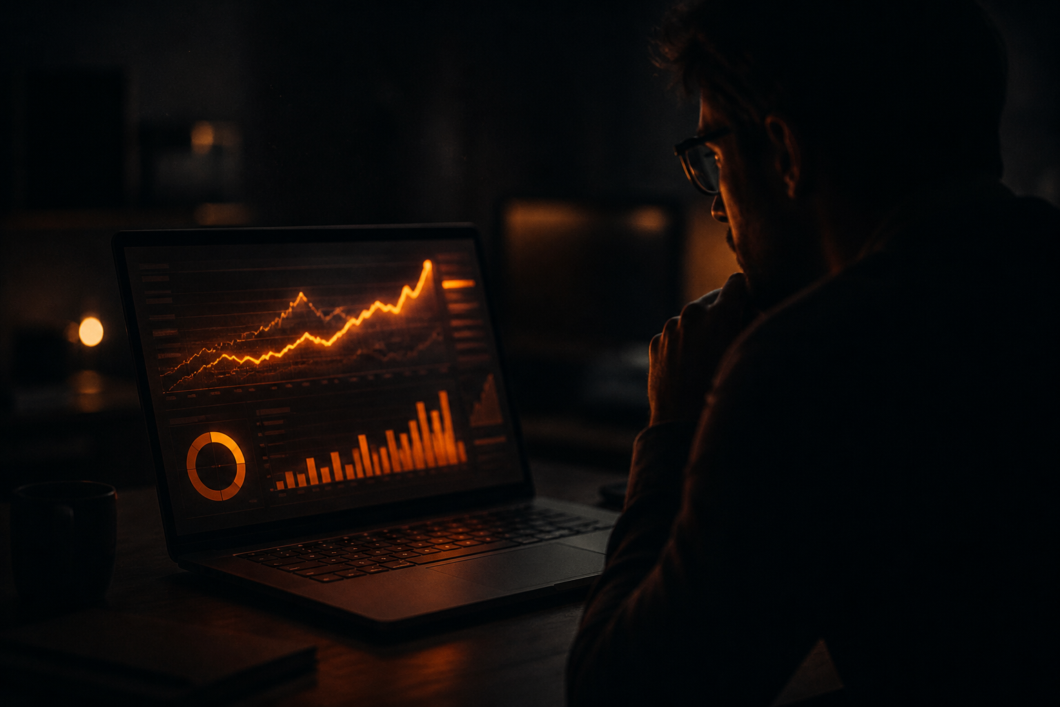 A creator studying a glowing analytics dashboard on a laptop