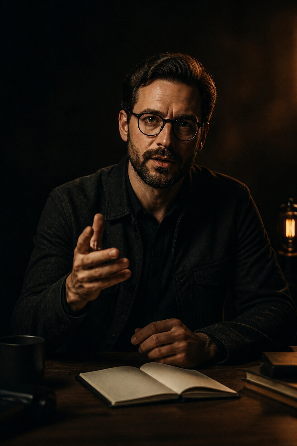 An expert creator explaining a topic to camera at a desk