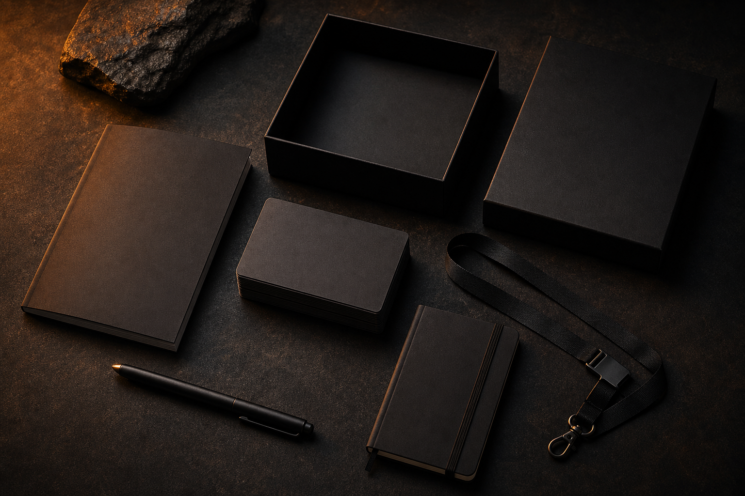 A creator welcome kit laid out on a dark surface with a box, booklet, cards, notebook and lanyard